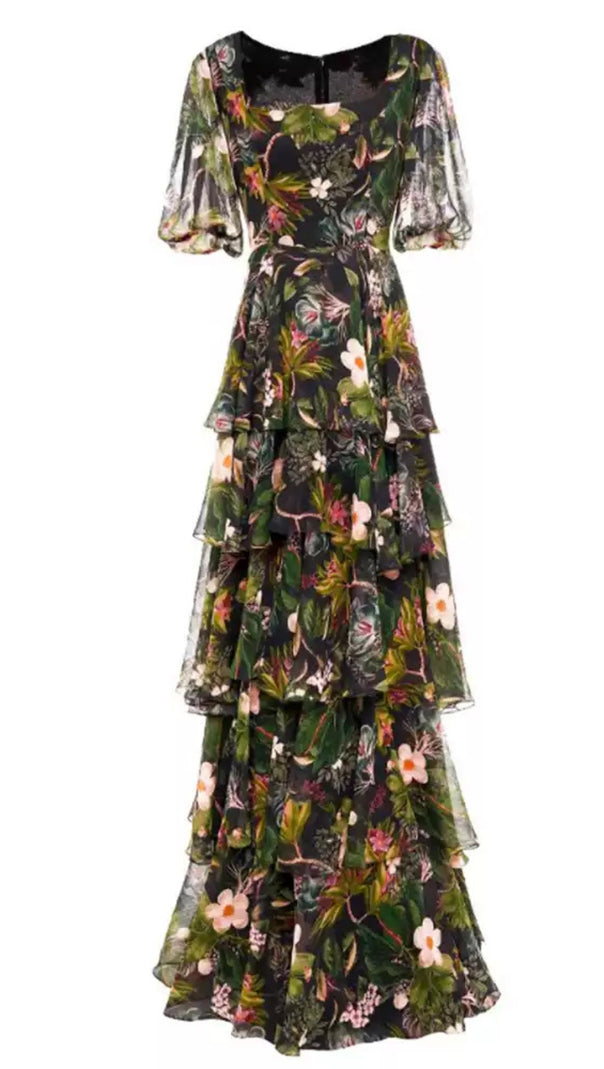 AIIZIE BLACK FLORAL RUFFLE SHORT - SLEEVE MAXI DRESS - product image
