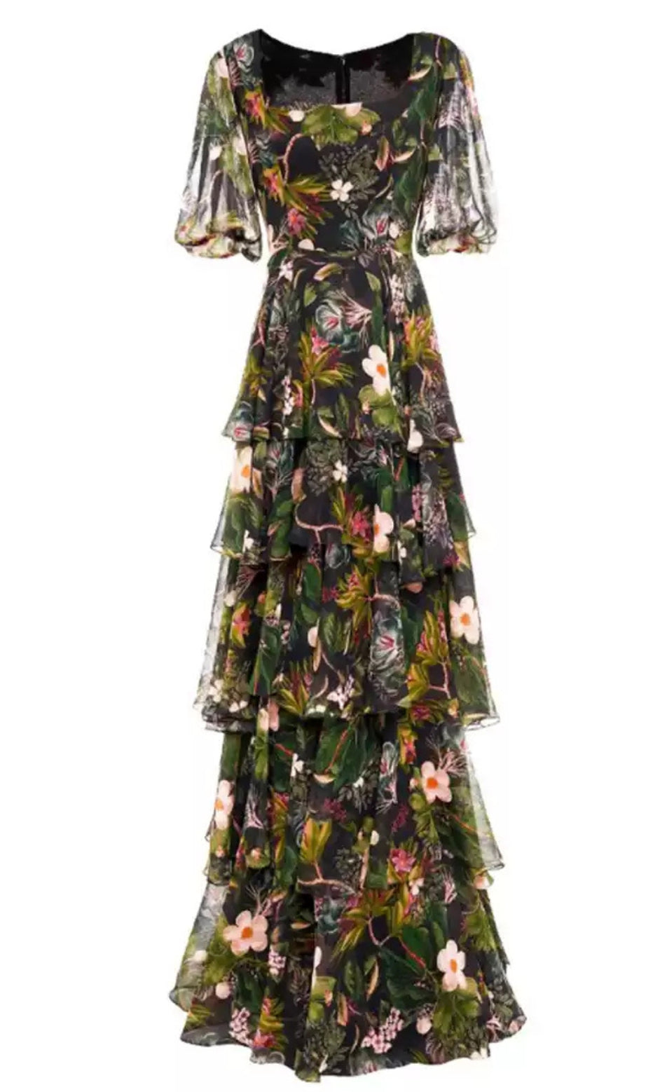 Schwarzes, kurzärmliges Maxikleid mit Blumenmuster und Rüschen 