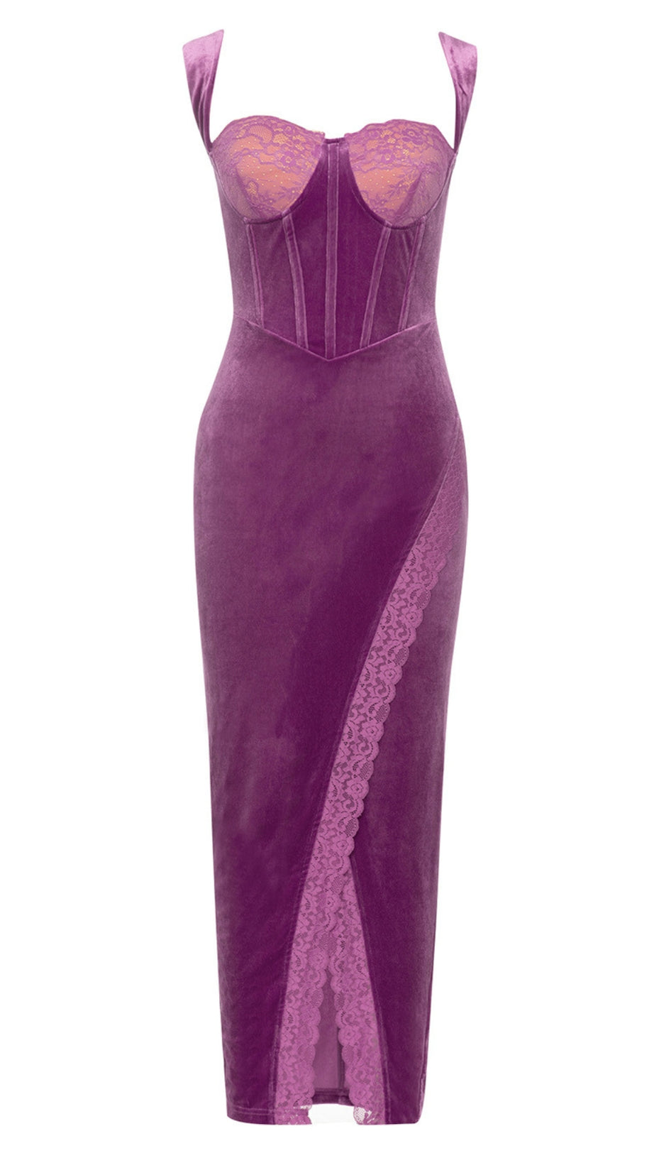 VELVET LACE - TRIMMED CORSET MIDI DRESS IN PURPLE