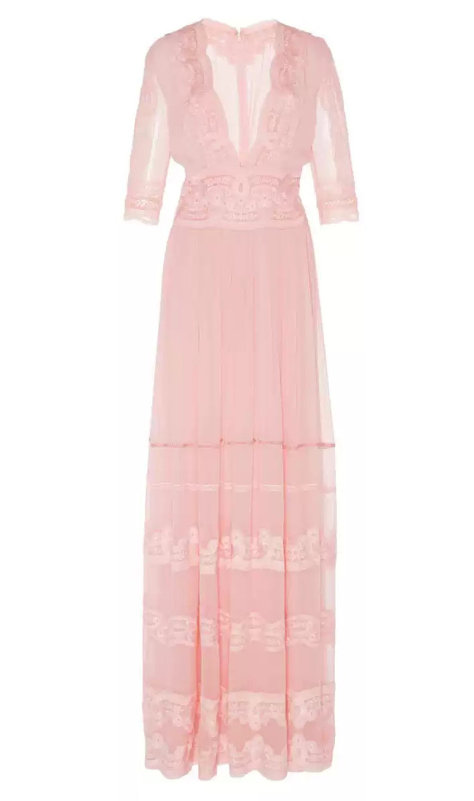 Elegant Pink Sheer Lace Maxi Dress with Embroidery
