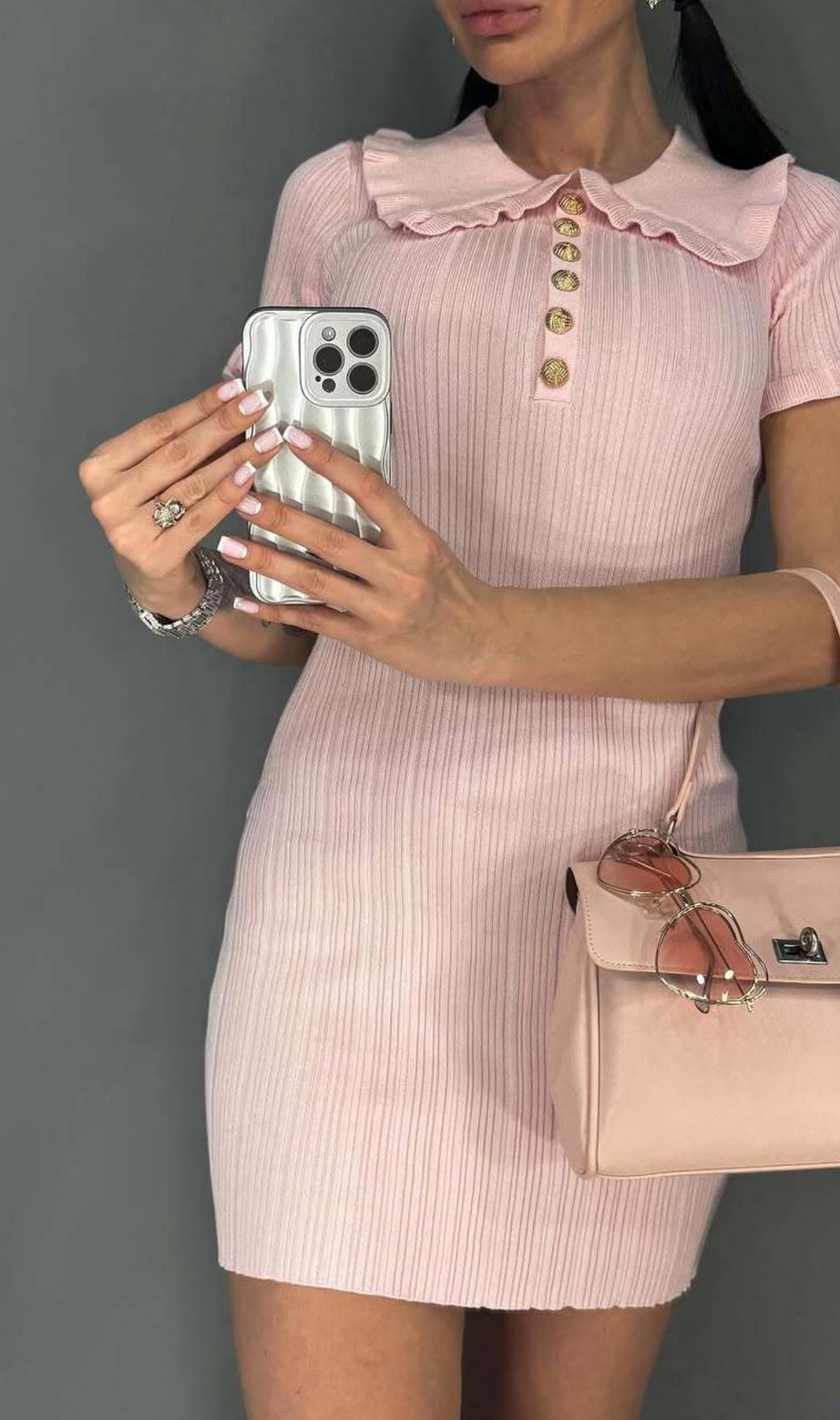 PINK RUFFLED KNITTED MINI DRESS