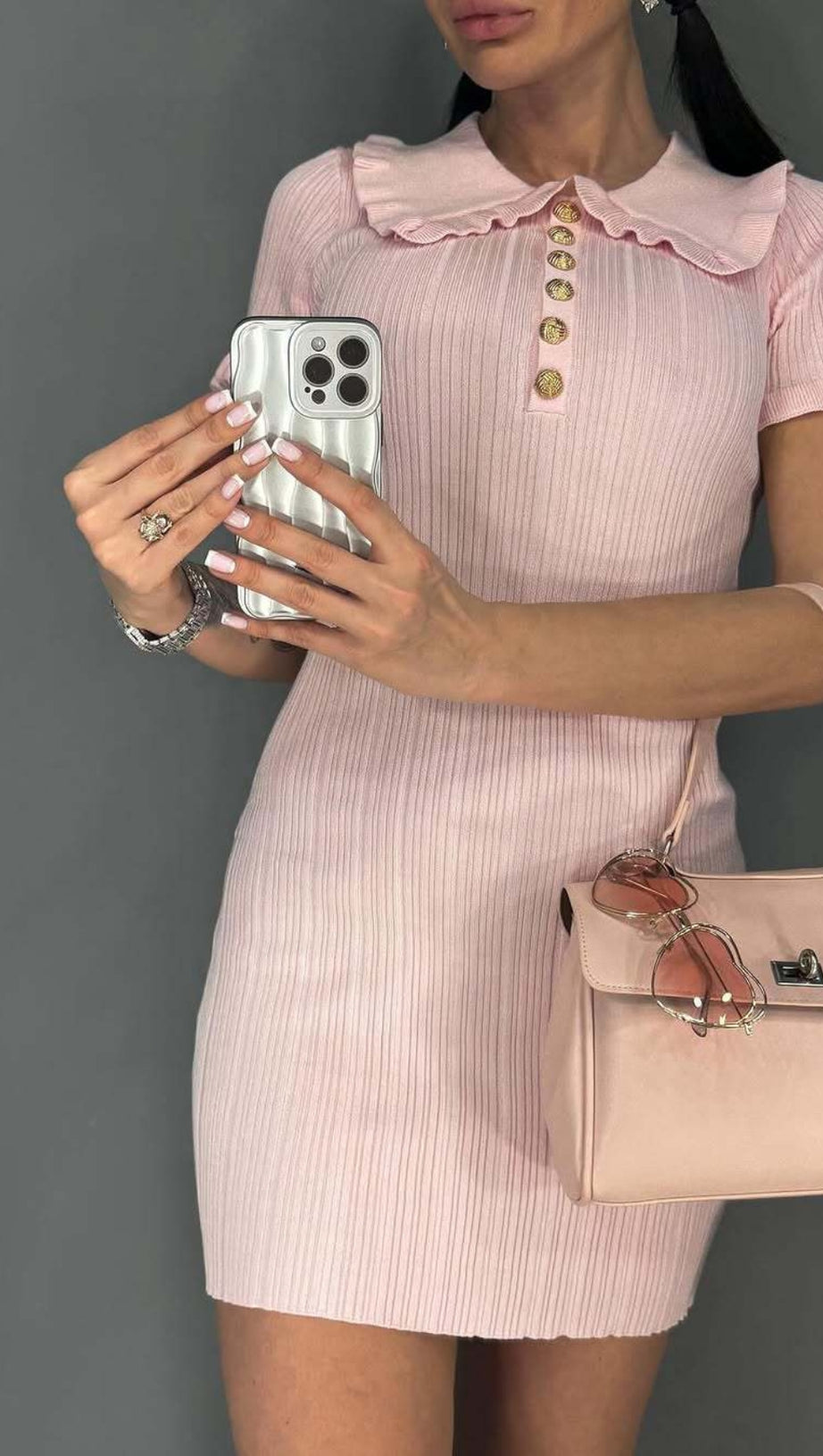 PINK RUFFLED KNITTED MINI DRESS