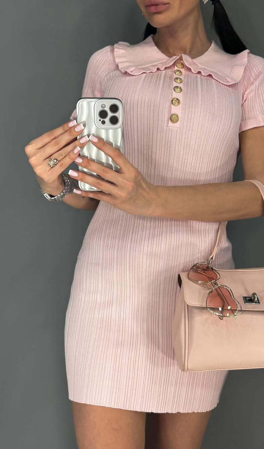 PINK RUFFLED KNITTED MINI DRESS