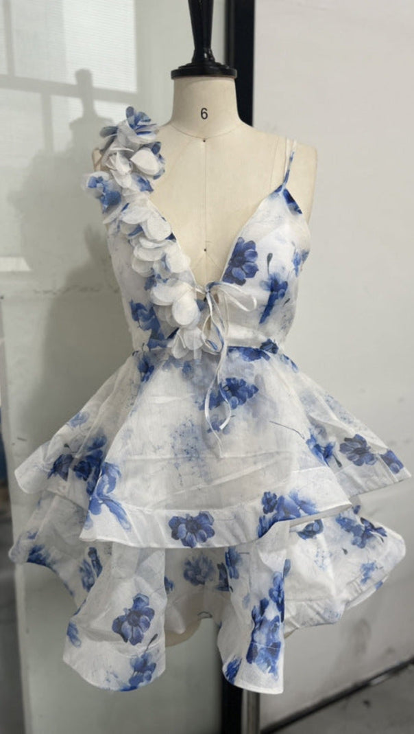 AIIZIE HELEN 3D FLOWER CHIFFON RUFFLE MINI DRESS IN BLUE - product image