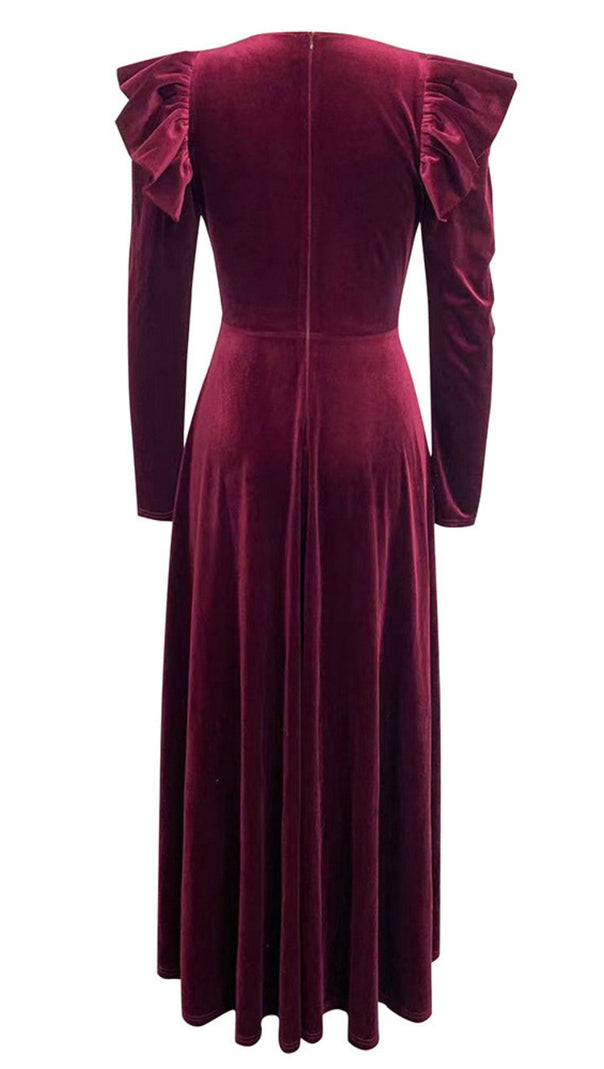 AIIZIE VELVET RUFFLED SLEEVE BUTTON - FRONT MAXI DRESS IN DARK RED - product image