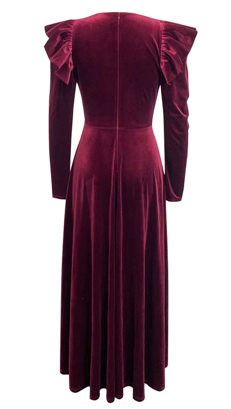 VELVET RUFFLED SLEEVE BUTTON - FRONT MAXI DRESS IN DARK RED