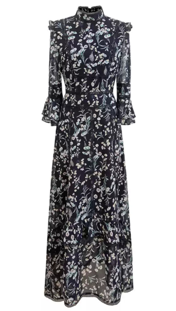 AIIZIE DARK BLUE FLORAL STAND - COLLAR LONG - SLEEVE MAXI DRESS - product image