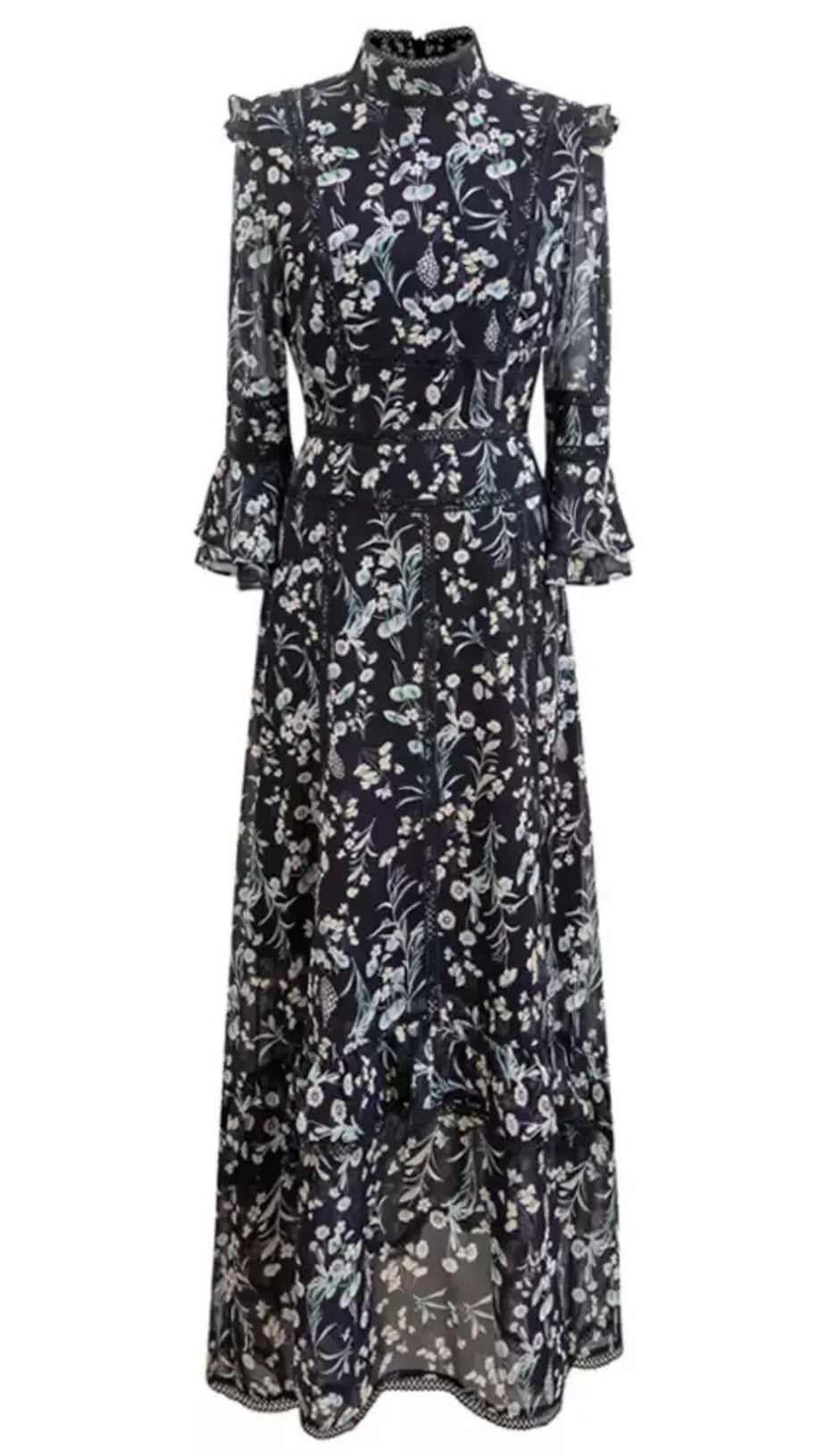 DARK BLUE FLORAL STAND - COLLAR LONG - SLEEVE MAXI DRESS
