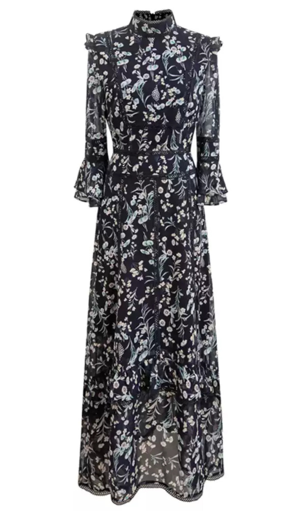DARK BLUE FLORAL STAND - COLLAR LONG - SLEEVE MAXI DRESS