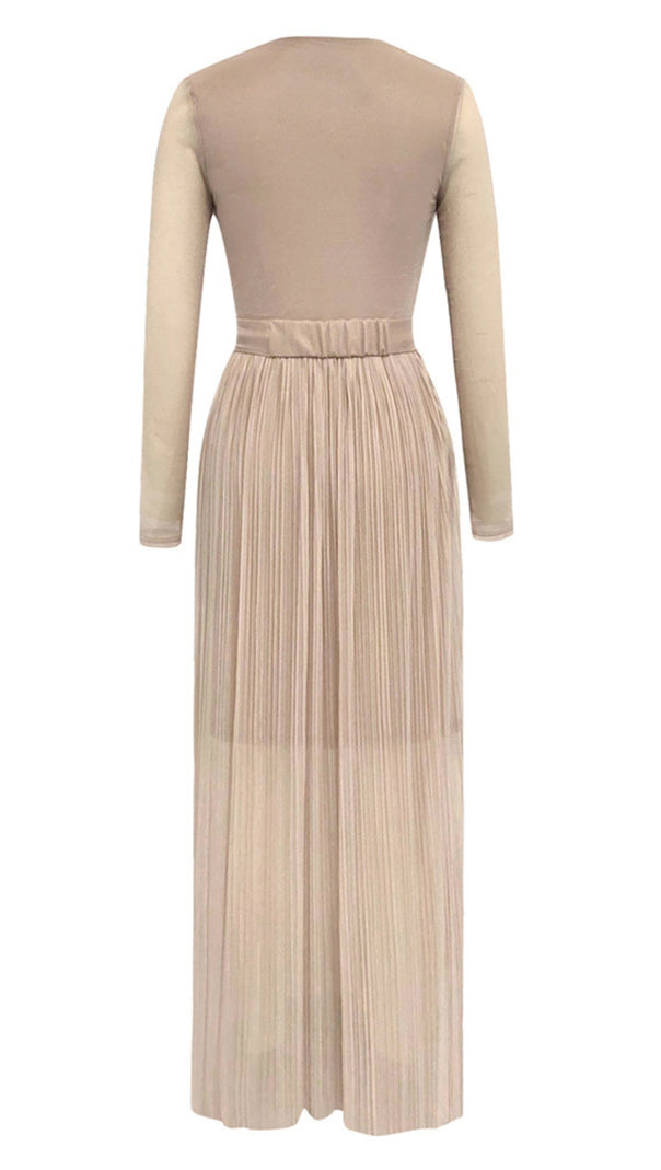 AIIZIE PLEATED V - NECK BELTED MESH - SLEEVE MAXI DRESS IN BEIGE - product image