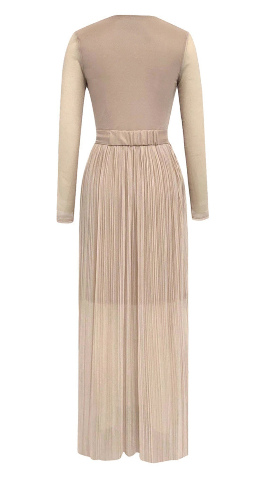 PLEATED V - NECK BELTED MESH - SLEEVE MAXI DRESS IN BEIGE