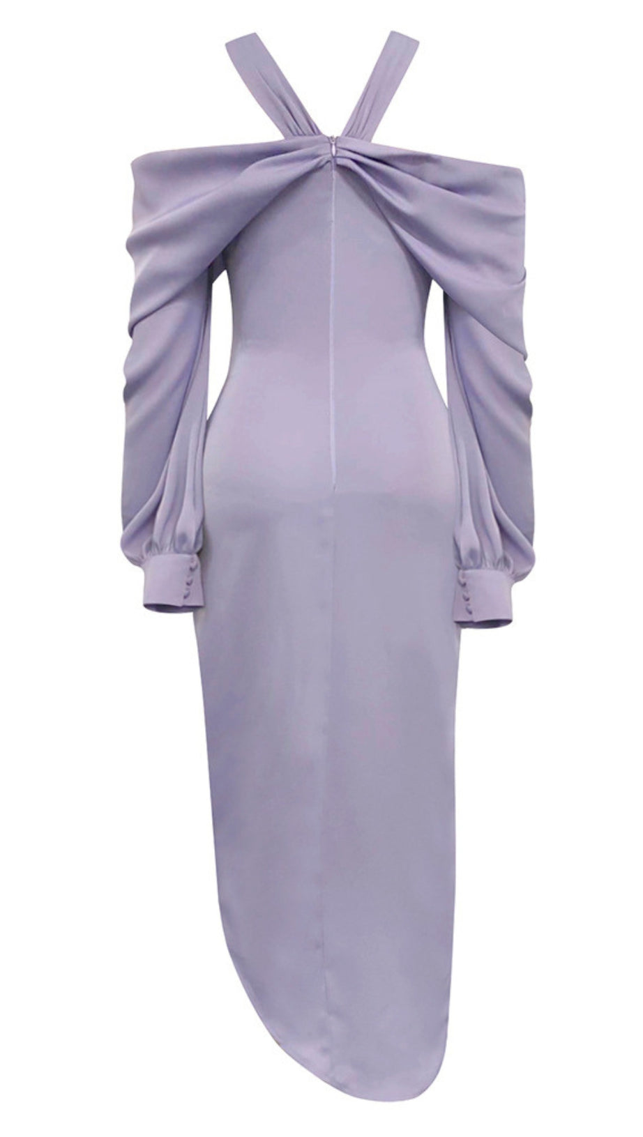 Drapiertes, asymmetrisches Midikleid mit kalten Schultern in Flieder 