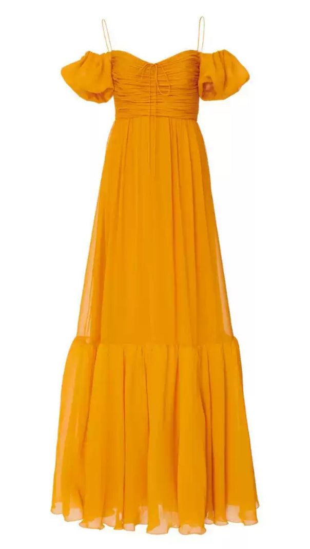 AIIZIE YELLOW OFF SHOULDER CHIFFON MAXI DRESS WITH PUFF SLEEVES - product image