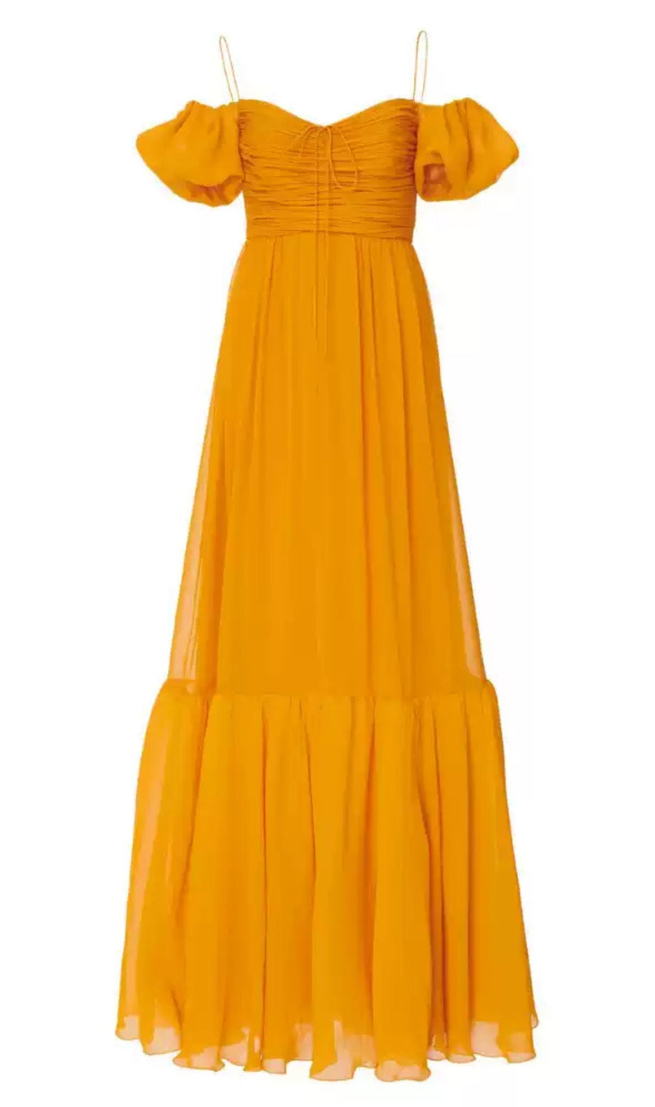 Yellow Off Shoulder Chiffon Maxi Dress with Puff Sleeves