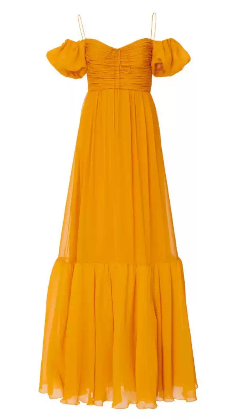 YELLOW OFF SHOULDER CHIFFON MAXI DRESS WITH PUFF SLEEVES
