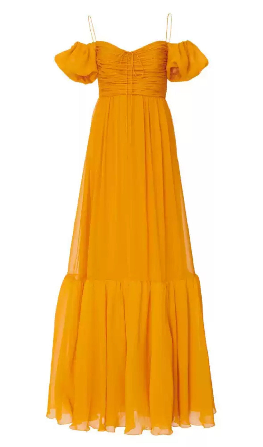 YELLOW OFF SHOULDER CHIFFON MAXI DRESS WITH PUFF SLEEVES