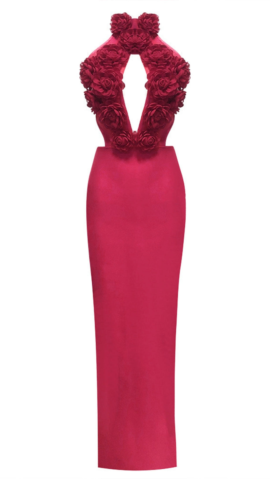 FUCHSIA HALTER NECK BANDAGE MAXI DRESS