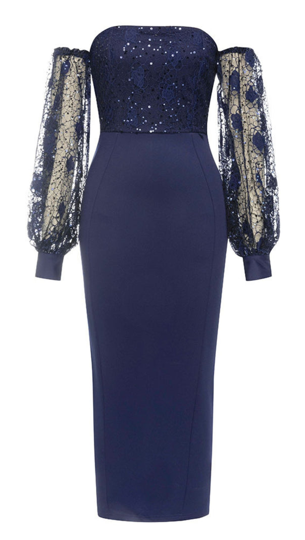 AIIZIE OFF - SHOULDER LACE - SLEEVE MIDI DRESS IN NAVY BLUE - product image