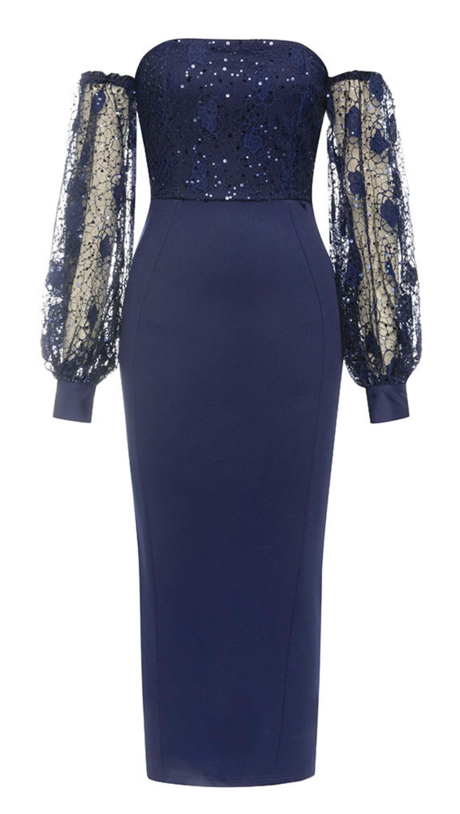 Schulterfreies Midikleid mit Spitzenärmeln in Marineblau