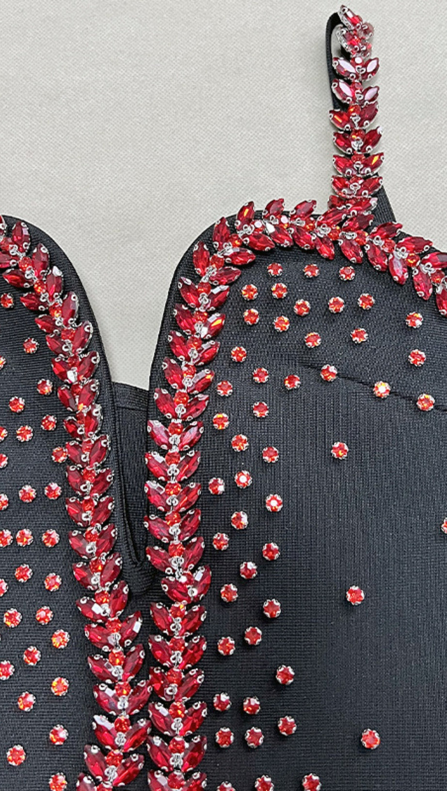 BLACK SPAGHETTI STRAP RED RHINESTONE MERMAID MIDI DRESS