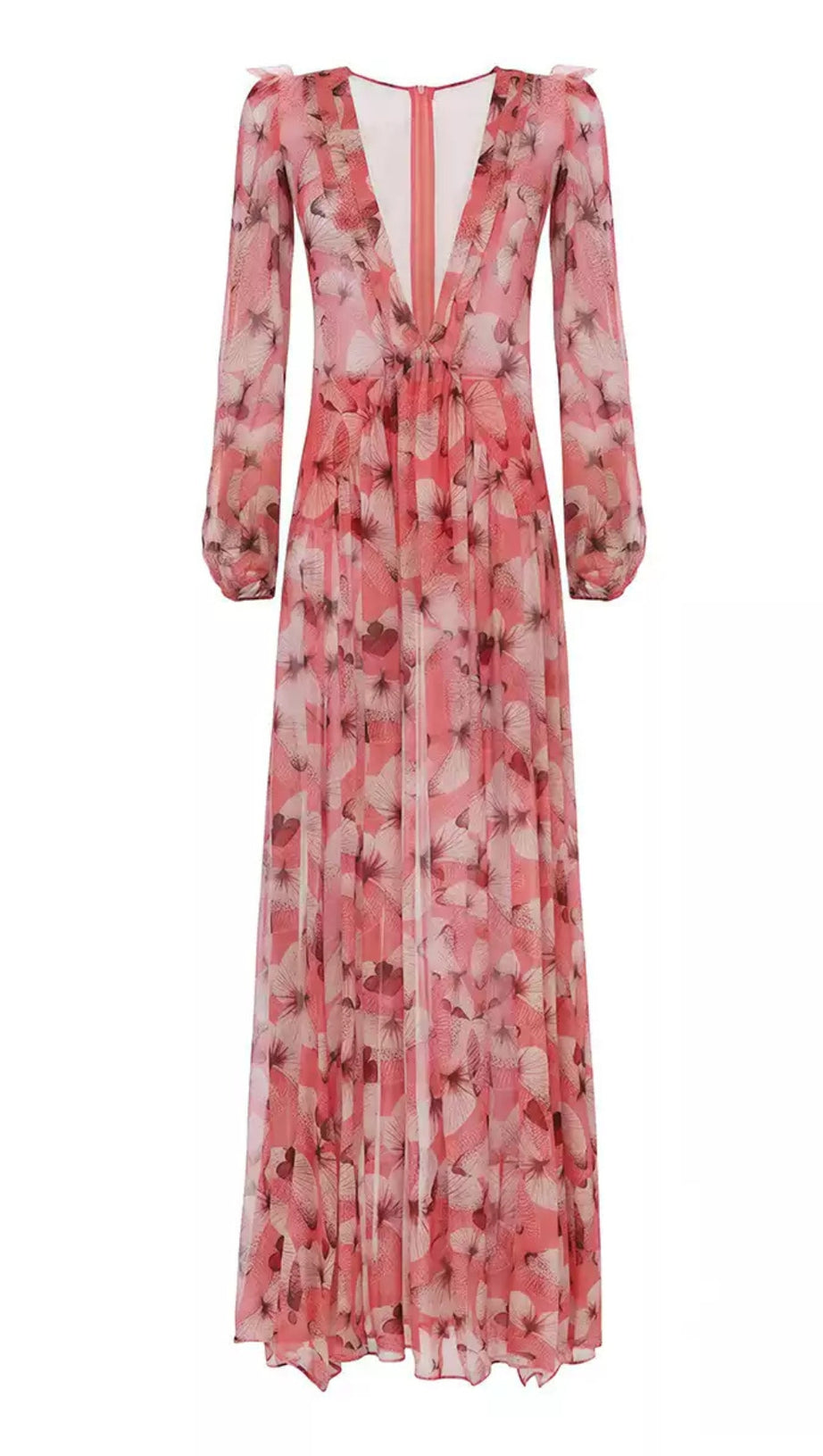 PINK FLORAL CHIFFON DEEP V - NECK MAXI DRESS