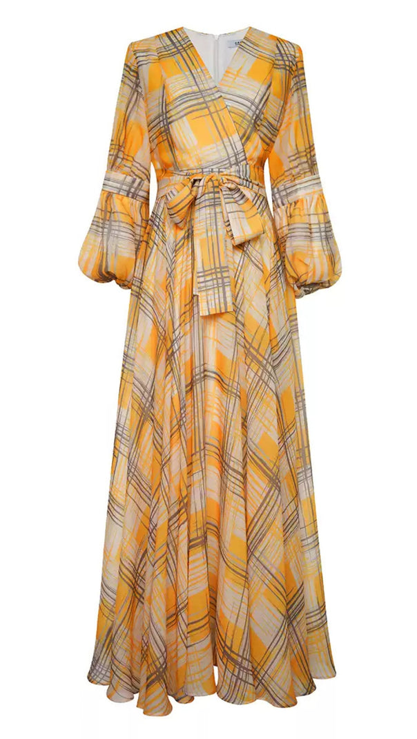 AIIZIE YELLOW PLAID LONG DRESS WITH BELTED WAIST AND FLARED SLEEVES - product image