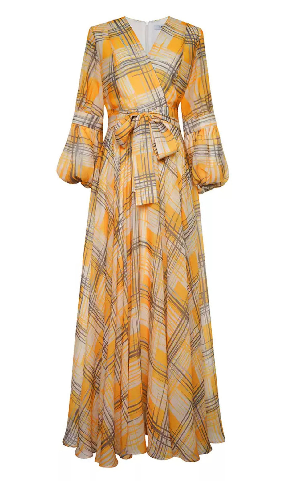 Yellow Plaid Long Dress with Belted Waist and Flared Sleeves