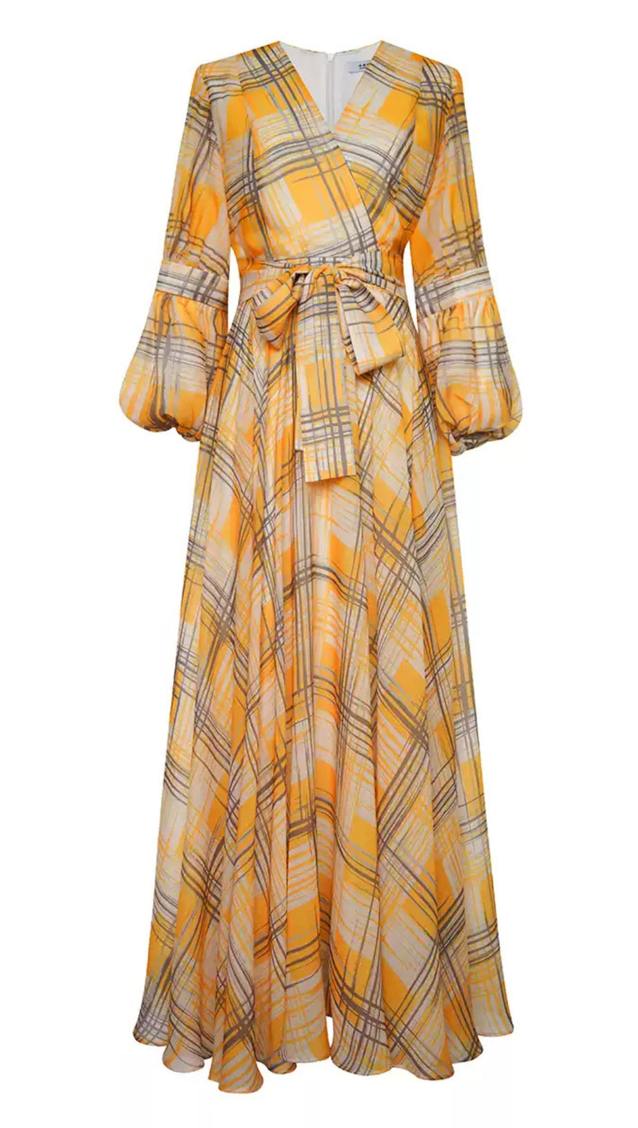 YELLOW PLAID LONG DRESS WITH BELTED WAIST AND FLARED SLEEVES