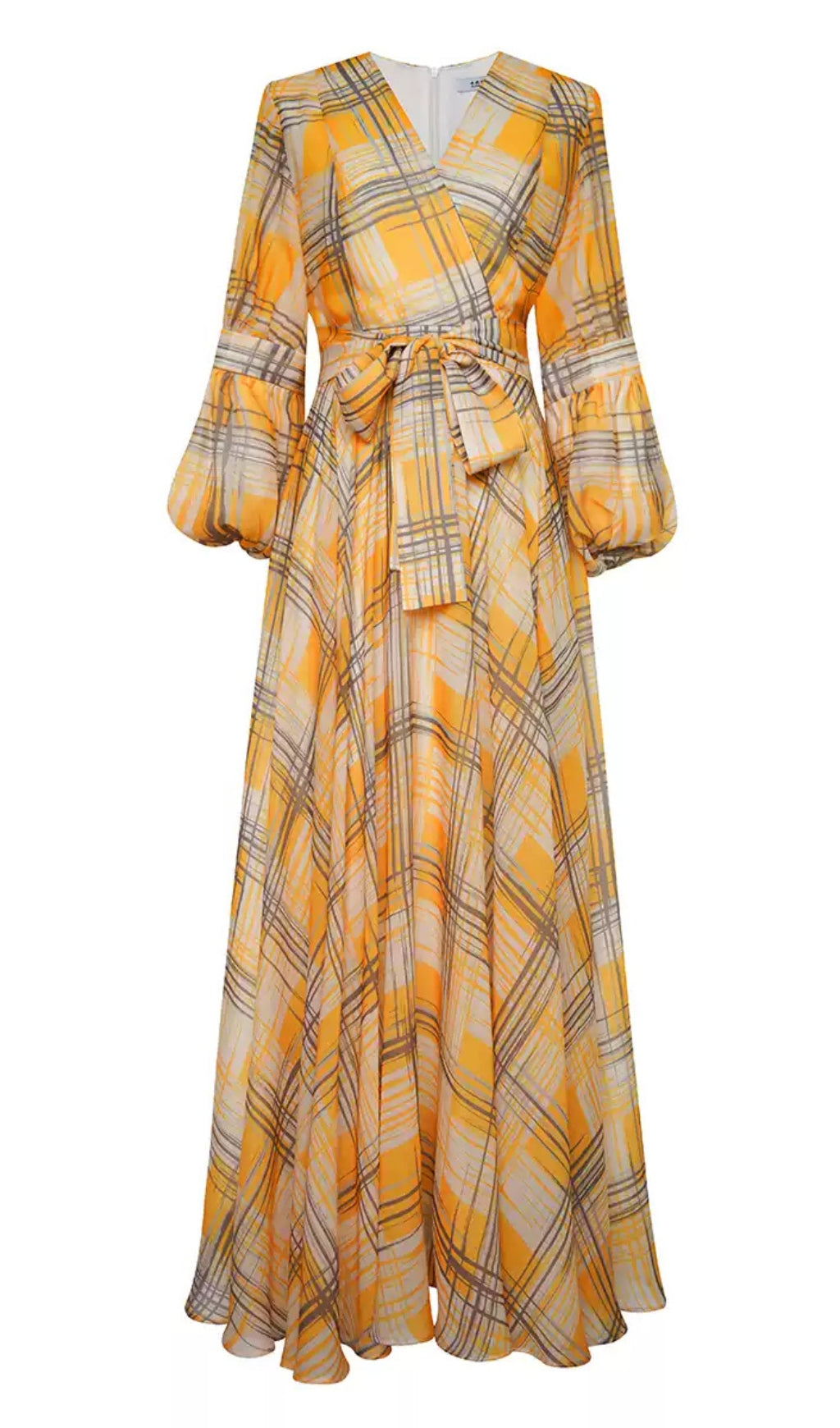 YELLOW PLAID LONG DRESS WITH BELTED WAIST AND FLARED SLEEVES