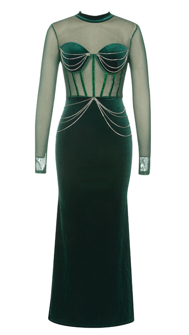 AIIZIE MESH - SLEEVE VELVET BEADED MAXI DRESS IN DARK GREEN - product image