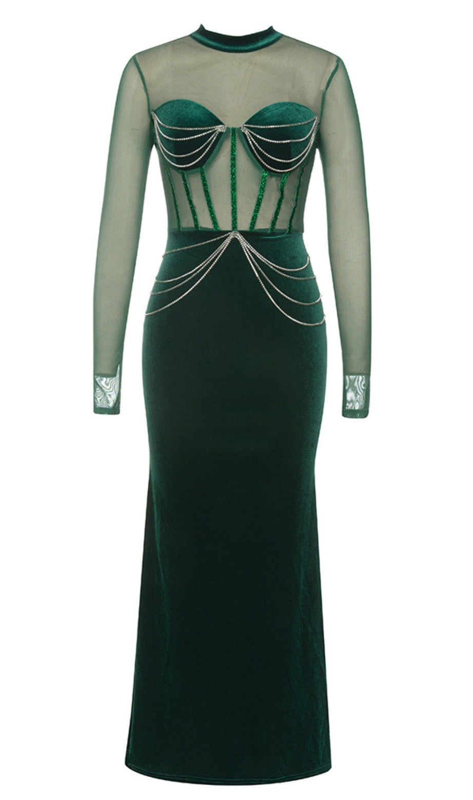 Mesh - Sleeve Velvet Beaded Maxi Dress in Dark Green