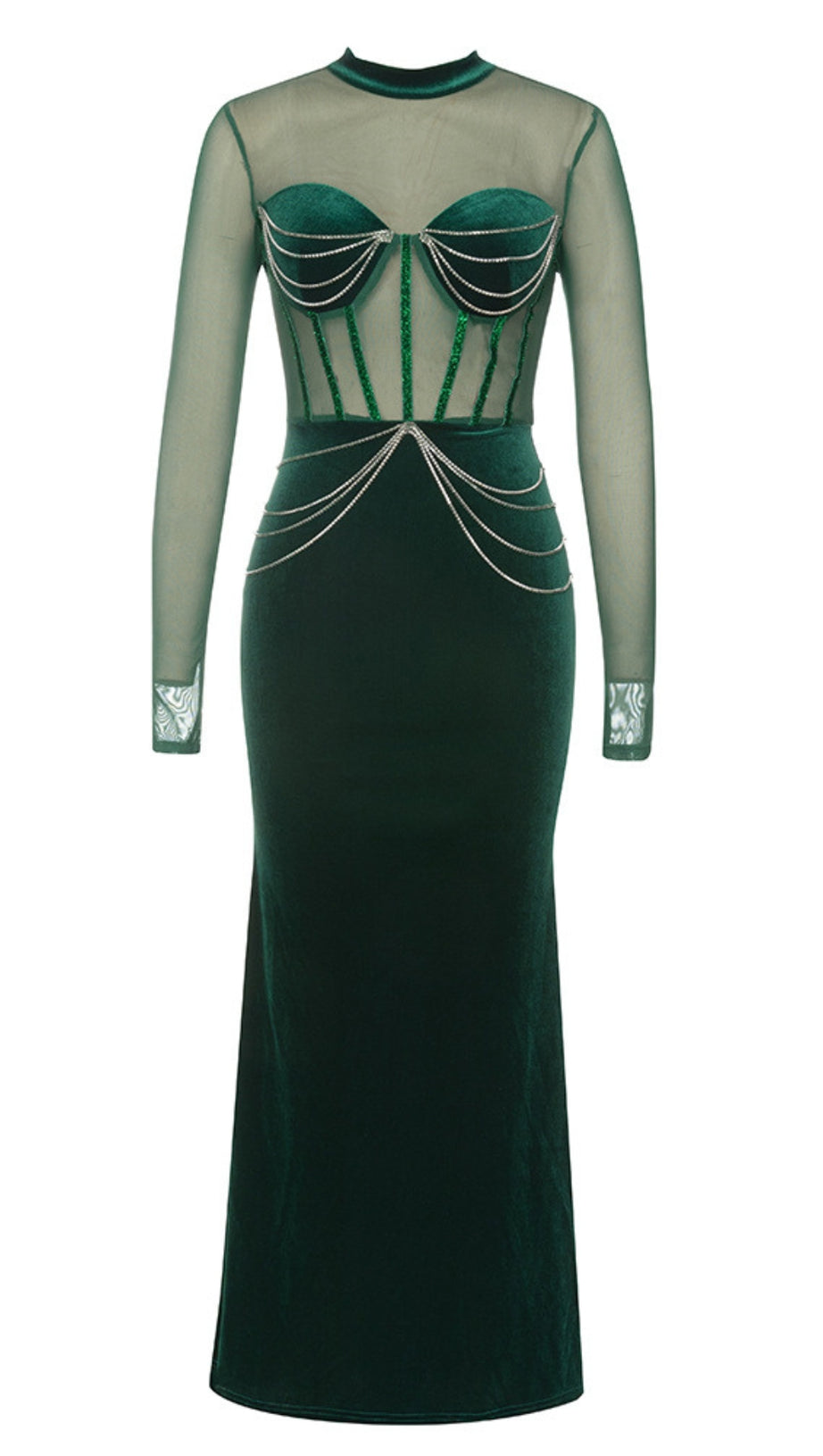 MESH - SLEEVE VELVET BEADED MAXI DRESS IN DARK GREEN