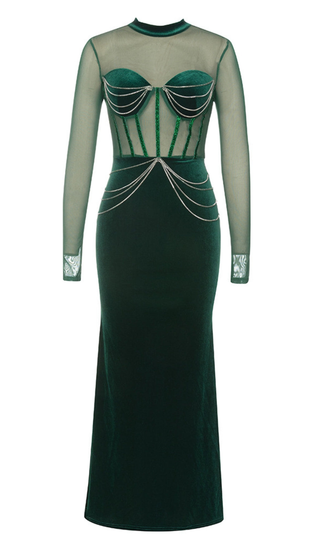 MESH - SLEEVE VELVET BEADED MAXI DRESS IN DARK GREEN