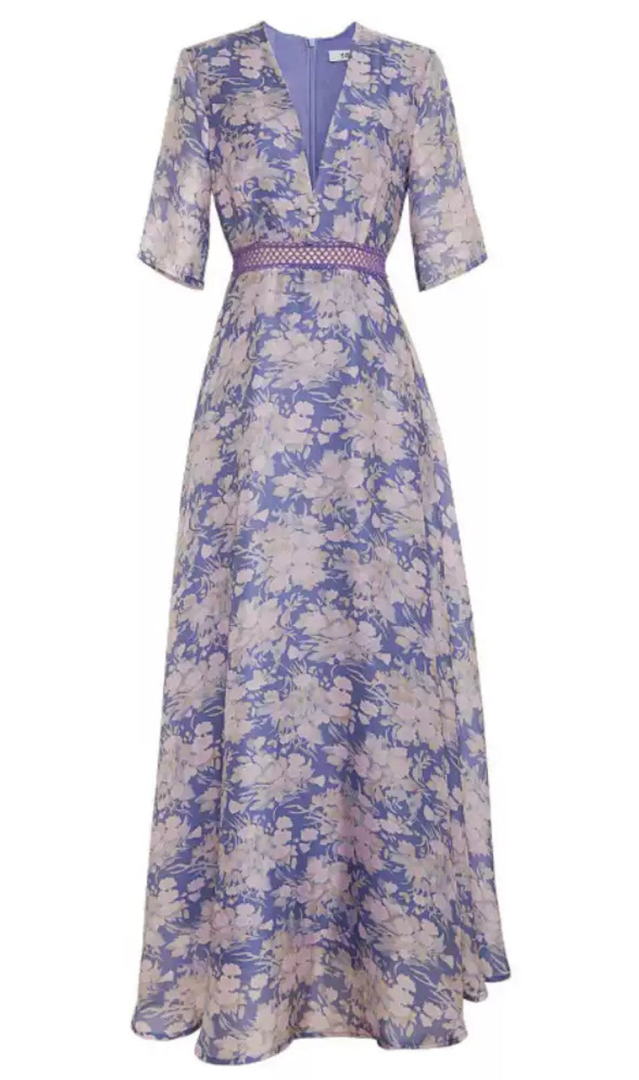 Lilac Floral Print V - Neck Maxi Dress with Lace Belt