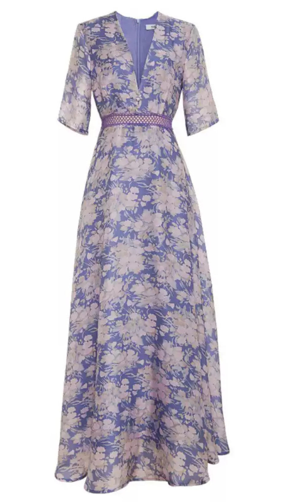 LILAC FLORAL PRINT V - NECK MAXI DRESS WITH LACE BELT