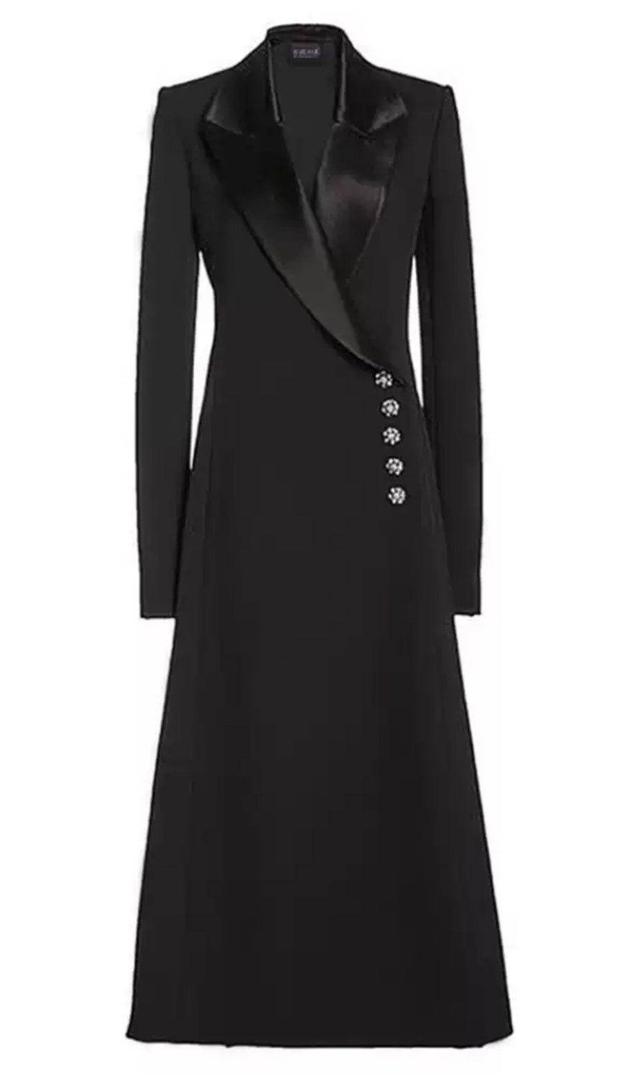 Cappotto lungo nero a maniche lunghe con revers in raso e bottoni in strass 