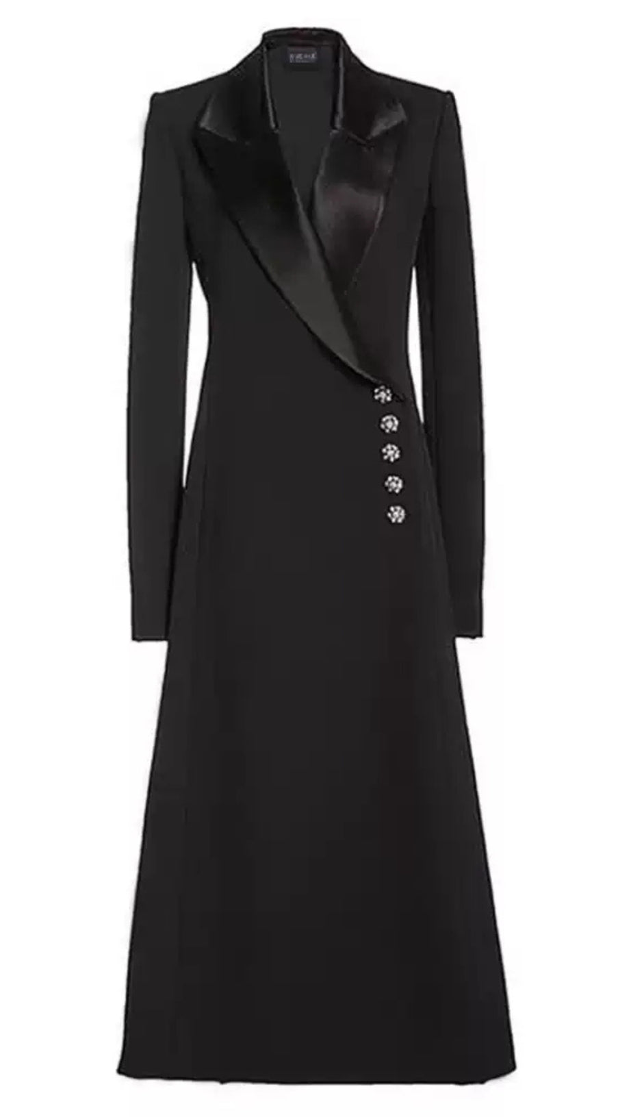 Schwarzer Langarm-Maximantel mit Satin-Revers und Strass-Knöpfen 