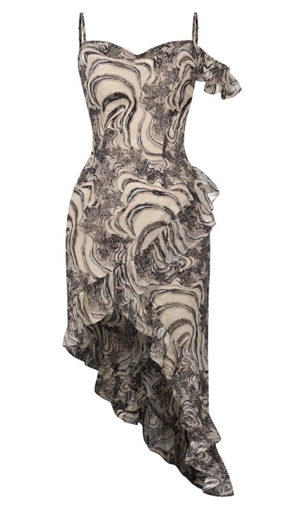 PRINTED ASYMMETRIC RUFFLE - HEM MIDI DRESS