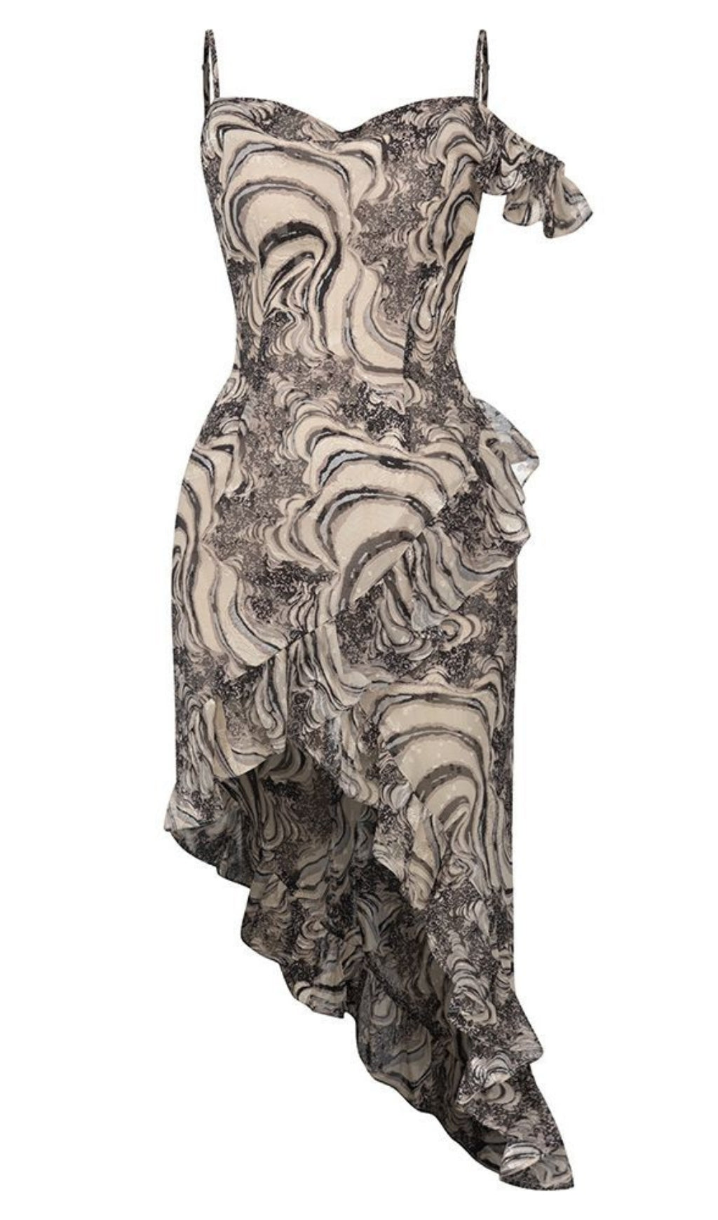 PRINTED ASYMMETRIC RUFFLE - HEM MIDI DRESS