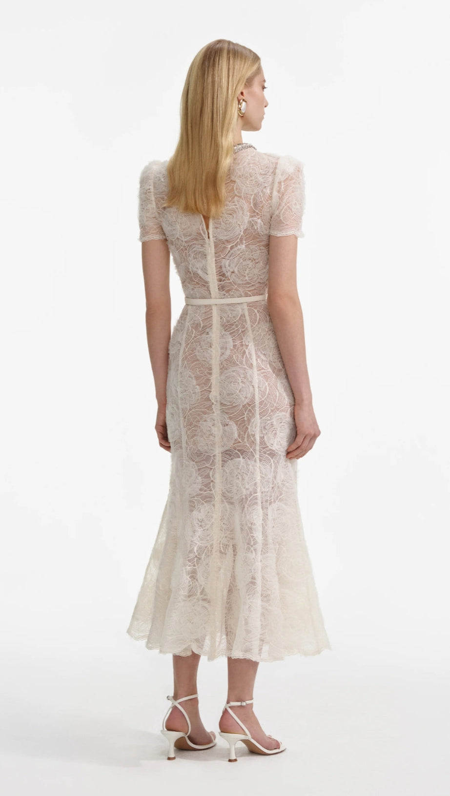 TULLE LACE DIAMANTE MIDI DRESS IN BEIGE