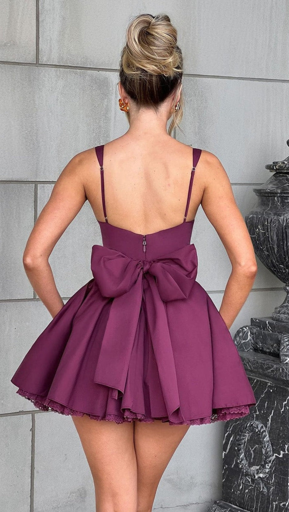 LACE RUFFLE TRIM CORSET MINI DRESS IN PURPLE