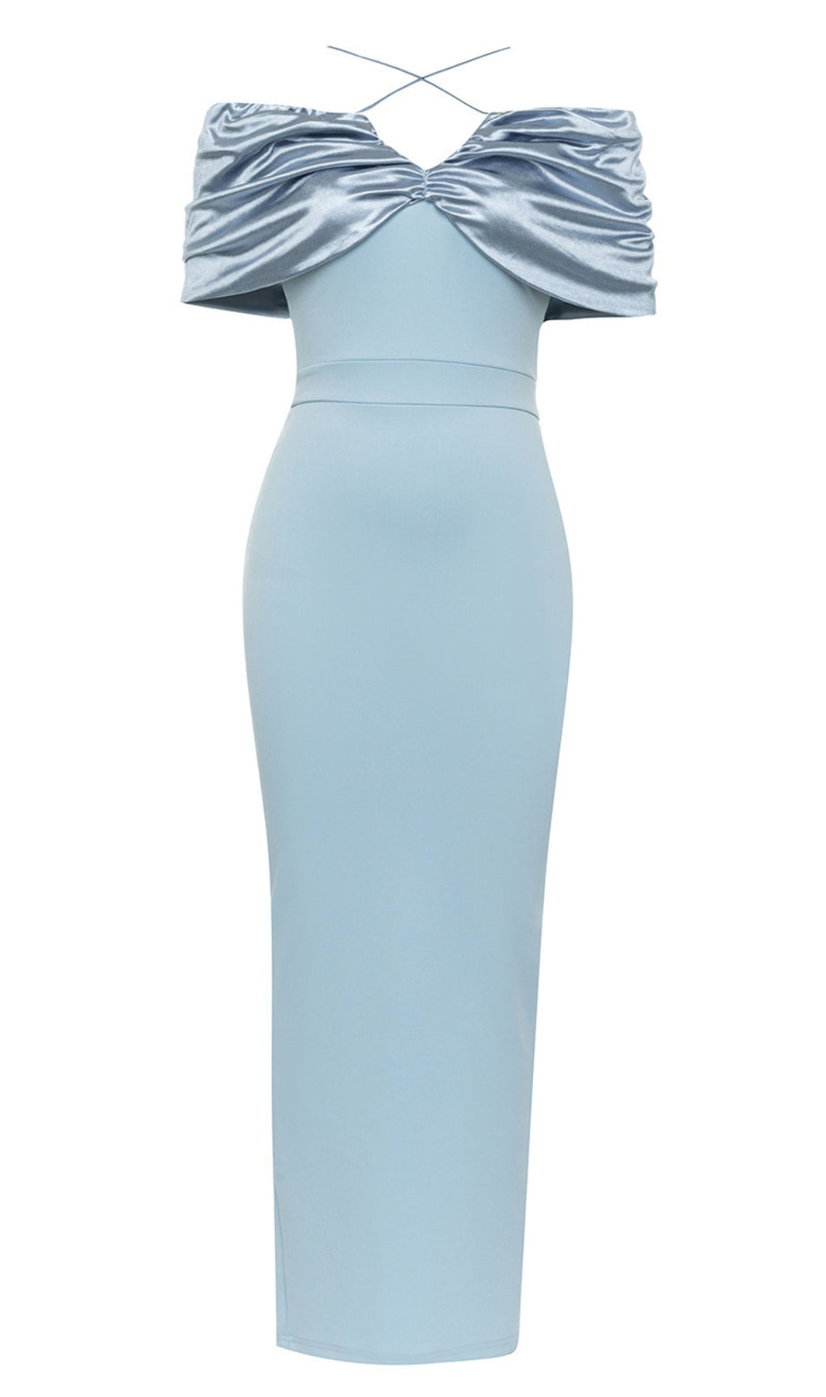 BLAUES MIDIKLEID MIT SCHLEIFE UND OFFENEM SCHULTER