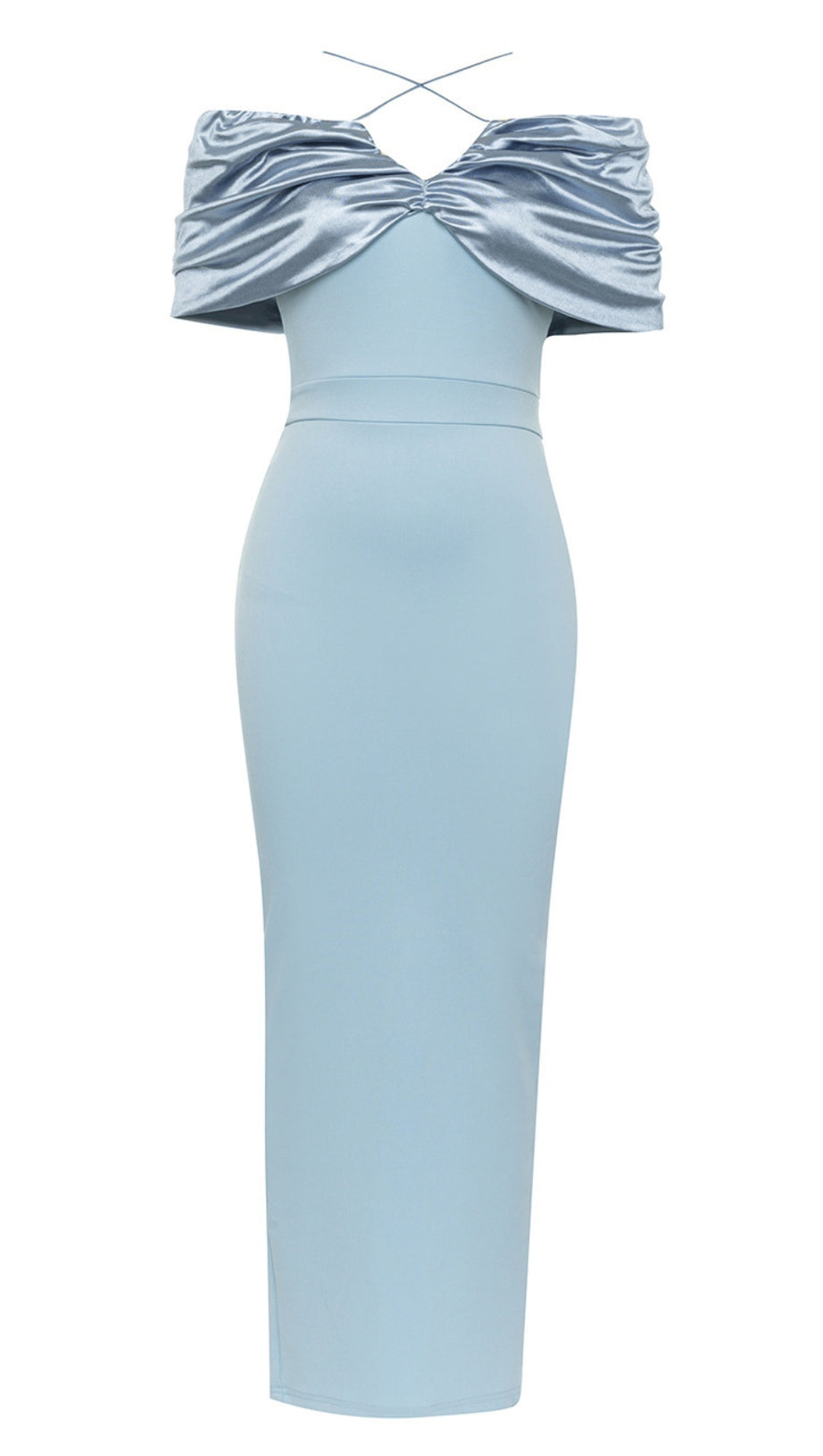 BLUE BOW - DECORATED OFF - SHOULDER MIDI DRESS