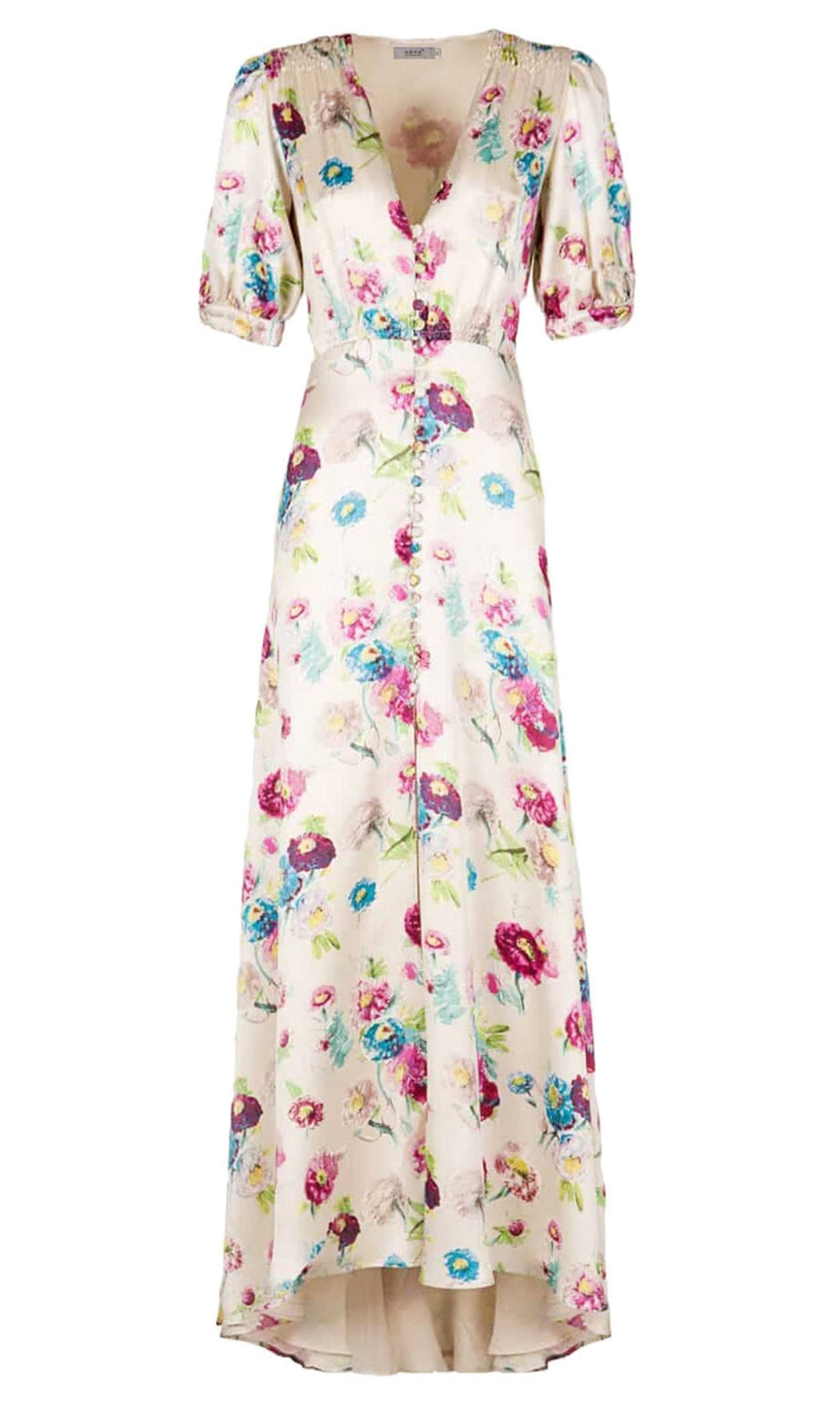 Floral Print V - Neck Maxi Dress with Puff Sleeves