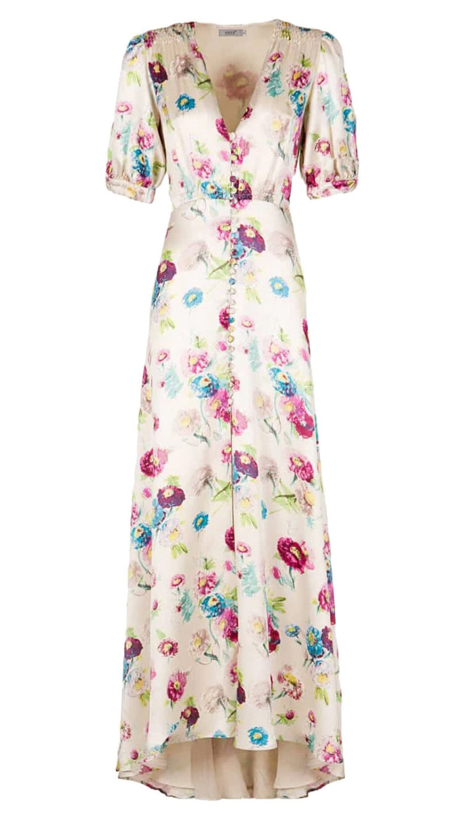 FLORAL PRINT V - NECK MAXI DRESS WITH PUFF SLEEVES