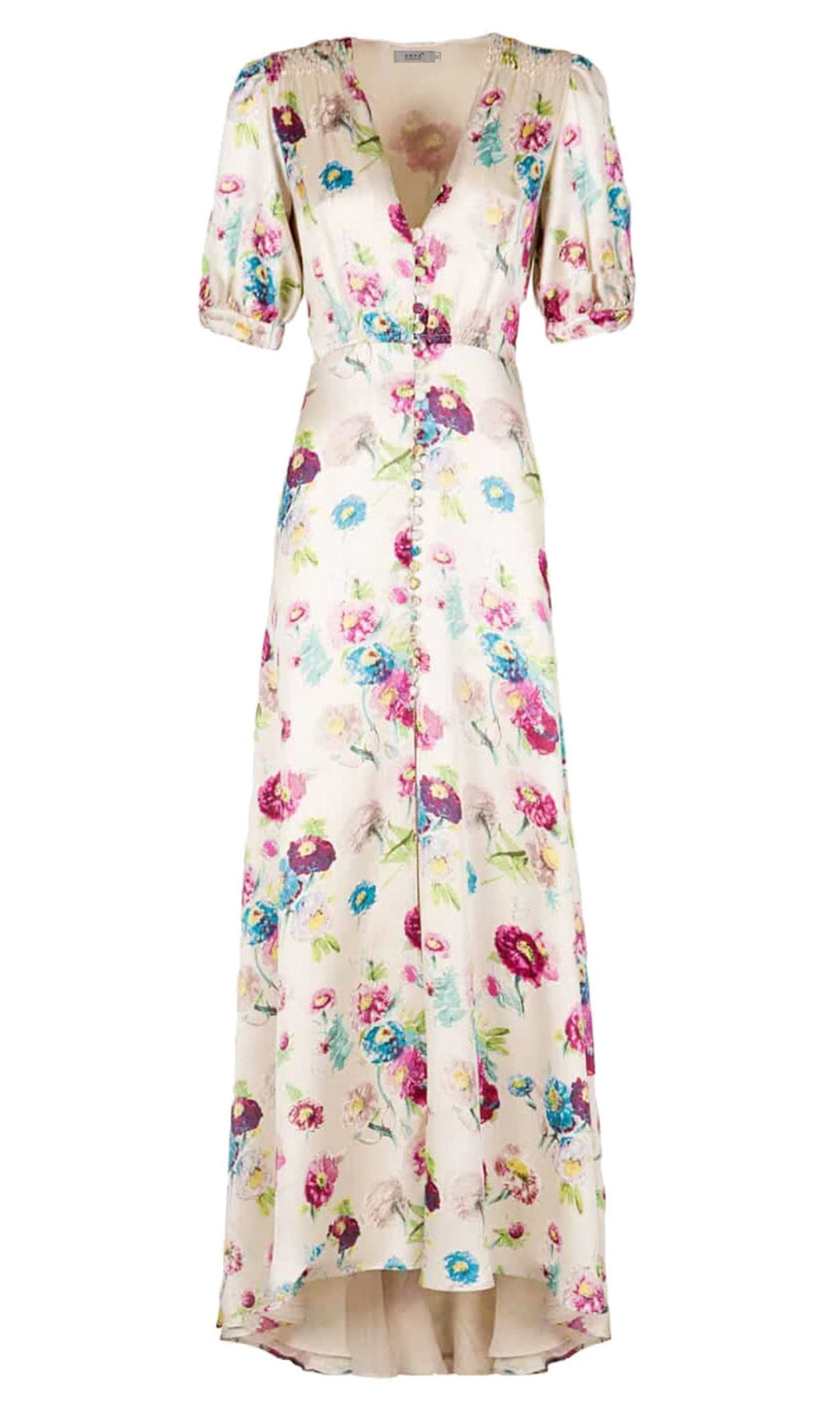 FLORAL PRINT V - NECK MAXI DRESS WITH PUFF SLEEVES