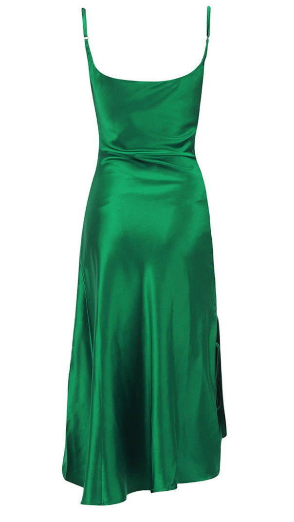 AIIZIE SATIN COWL NECK ASYMMETRIC MIDI DRESS IN GREEN - product image