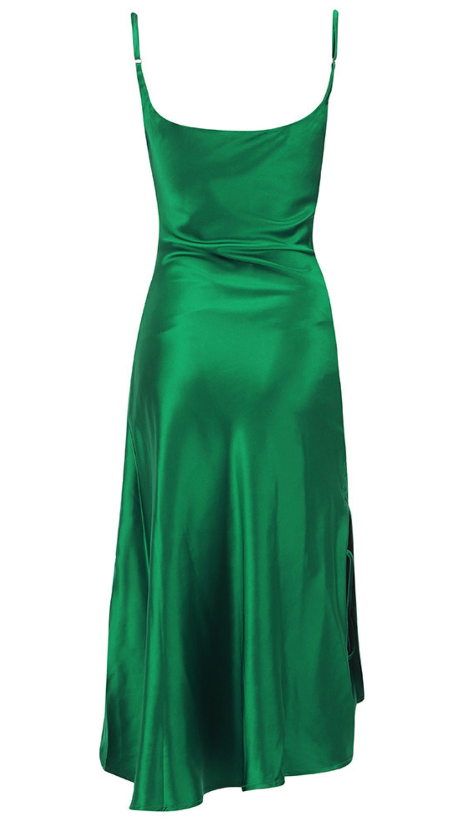 SATIN COWL NECK ASYMMETRIC MIDI DRESS IN GREEN