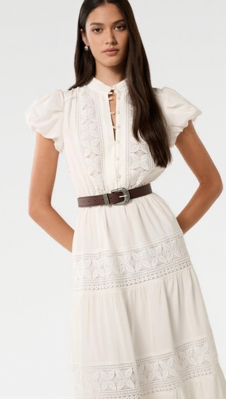 WHITE ADELAIDE LACE BELTED TRIM MIDI DRESS