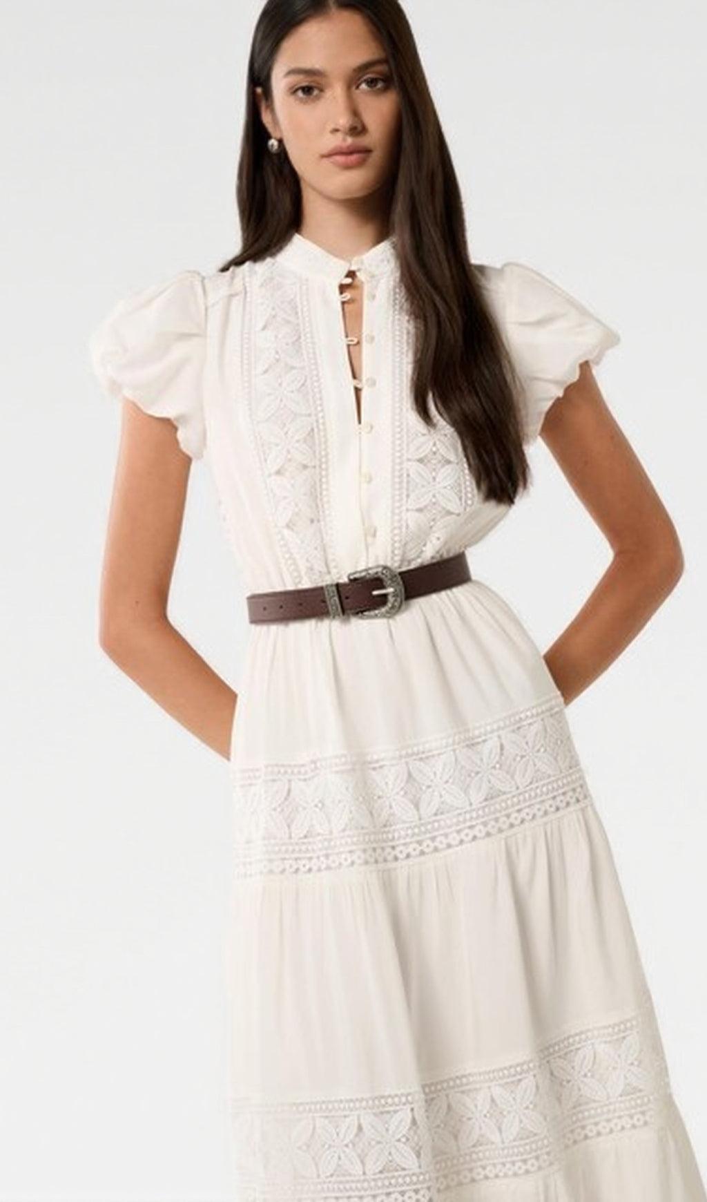 AIIZIE WHITE ADELAIDE LACE BELTED TRIM MIDI DRESS - product image